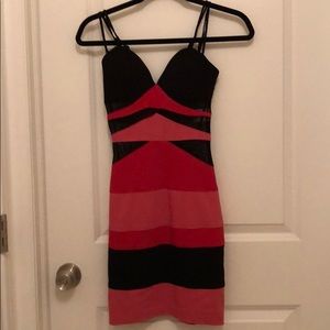 Red black and pink mini dress with black sheer
